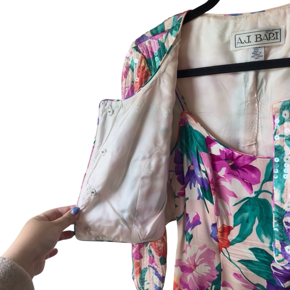 Vintage 80s‎ A.J. Bari Silk Sequin Floral Dress Set Bold Cocktail Party Glam 2 - Picture 8 of 12